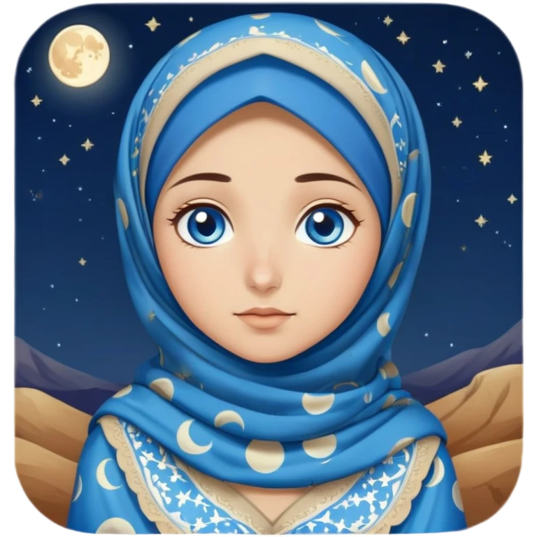 Turkish beautiful finish Konya girl blue eyes with moon patterned hijab dress and watching the moonlight sky on the ground  emoji