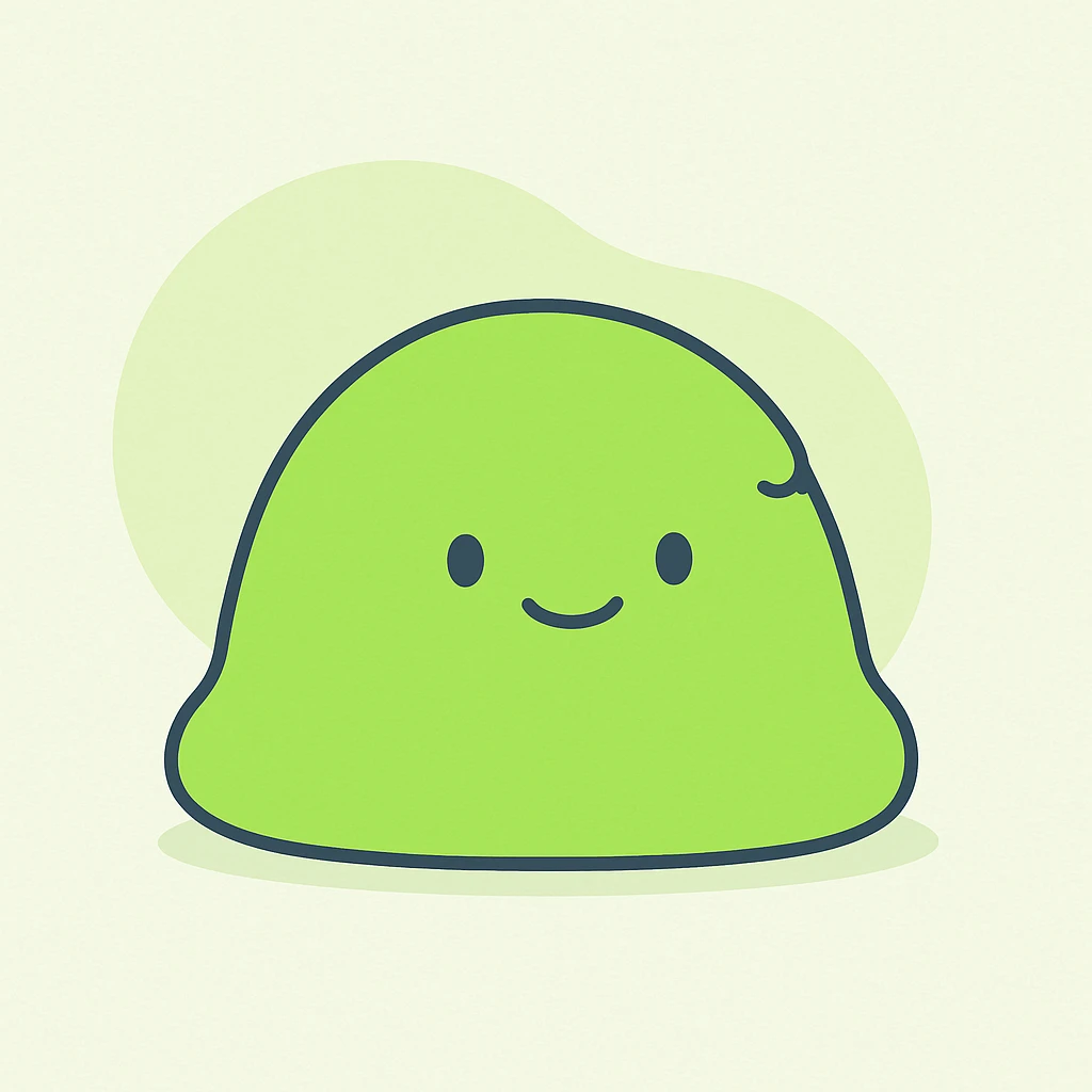 cute green slime creature, simple and round, with a happy face emoji