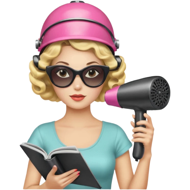 Emoji de mujer con casco secador, gafas de sol, rulos y leyendo revista, estilo vintage chic emoji