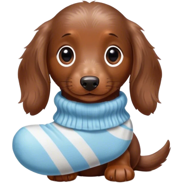 miniature long haired chocolate dapple dachshund puppy holding a sock emoji