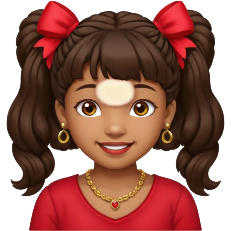 Brownskin girl dark brown hair fluffy. pigtails with red bows brown eyes smiling closed mouth red shirt gold esrrings gold necklace emoji