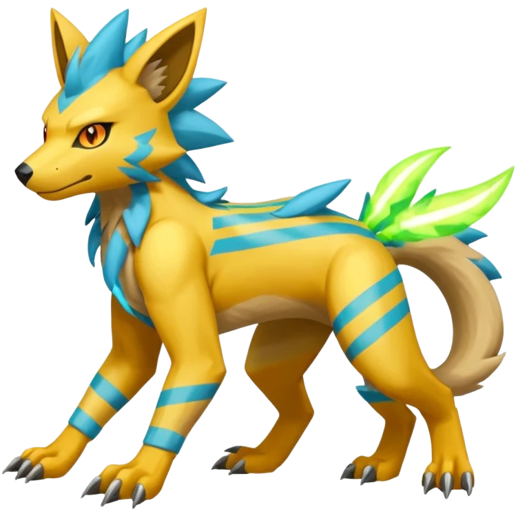Cyan manectric-Electrike-Zeraora-fusion with neon-green stripes and orange eyes (full body) emoji