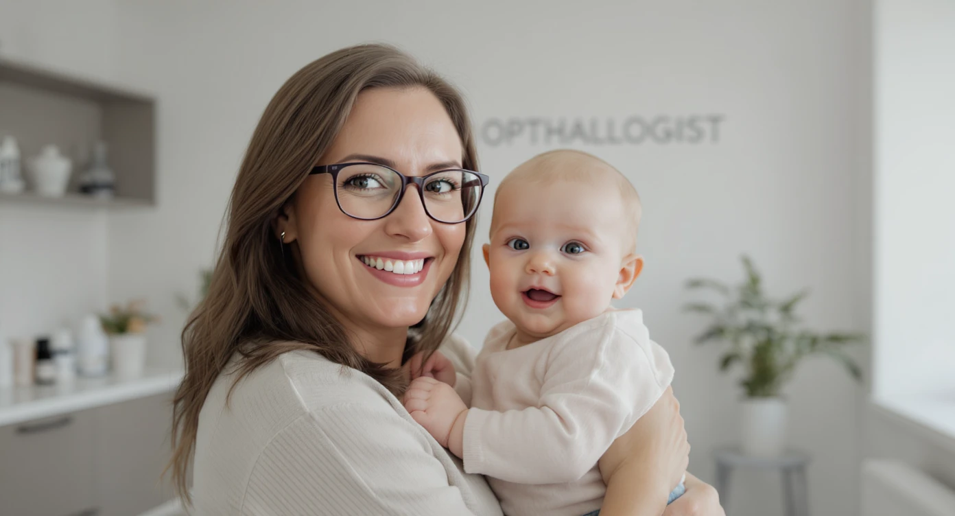 Cinematic still, Proffesional advertising of a smiling european white woman with glasses smiling holding baby, minimalistic ophthalmologist interior in background, leading  lines, "rule of thirds", 60/30/10 colors, soft light emoji