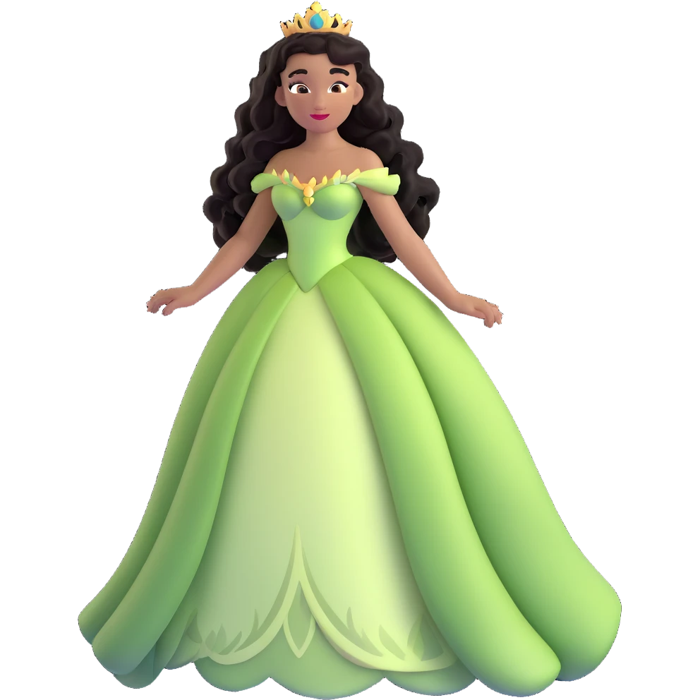 Disney Princess Tiana with extremely long black curly hair flowing down, 2c-3b curl pattern emoji