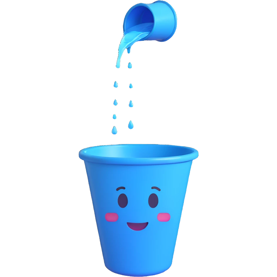 blue bucket of water with a hole in the side, water pouring out, 3D emoji style emoji