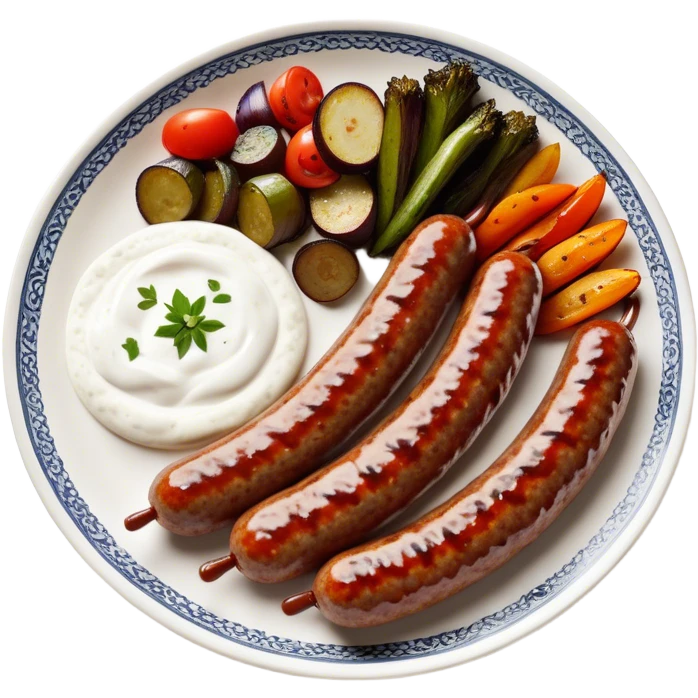 Cinematic Realistic image of a long, sausage-shaped Turkish Köfte, rendered with richly spiced meat textures and subtle grill marks, artfully arranged on a traditional Turkish ceramic plate alongside classic sides such as a serving of aromatic pilaf, crisp grilled vegetables, and a dollop of creamy yogurt, all bathed in warm, appetizing lighting that emphasizes its savory allure. emoji