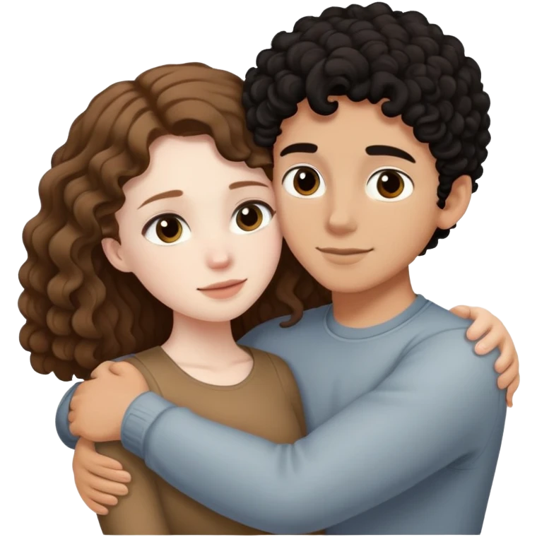girl with long light brown hair and pale skin hugging a boy with short black curly hair and tanned skin emoji