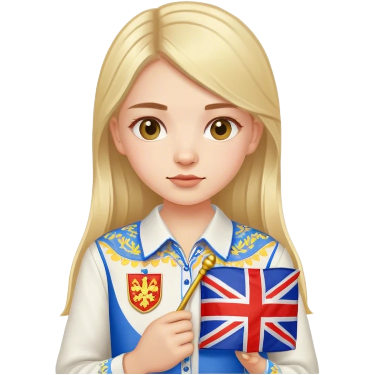 A Ukrainian girl wearing an embroidered shirt holds a British flag emoji