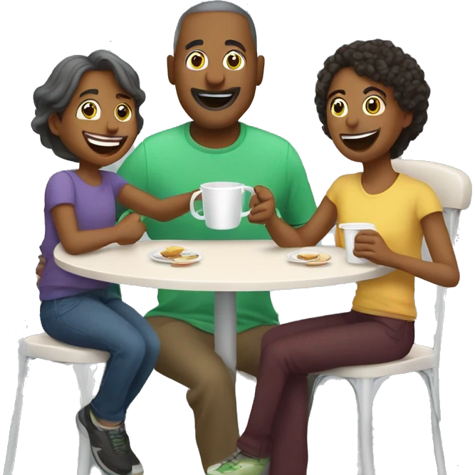 An emoji of a family—mother, father, and child—sitting at a table, playing a cup game with paper cups arranged on the table as they have fun together emoji