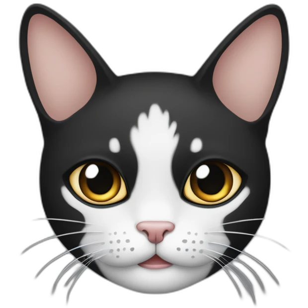 El gato presenta una división en su rostro con la mitad izquierda de color negro y la mitad derecha de color blanco, además de una mancha negra ubicada debajo de la nariz emoji