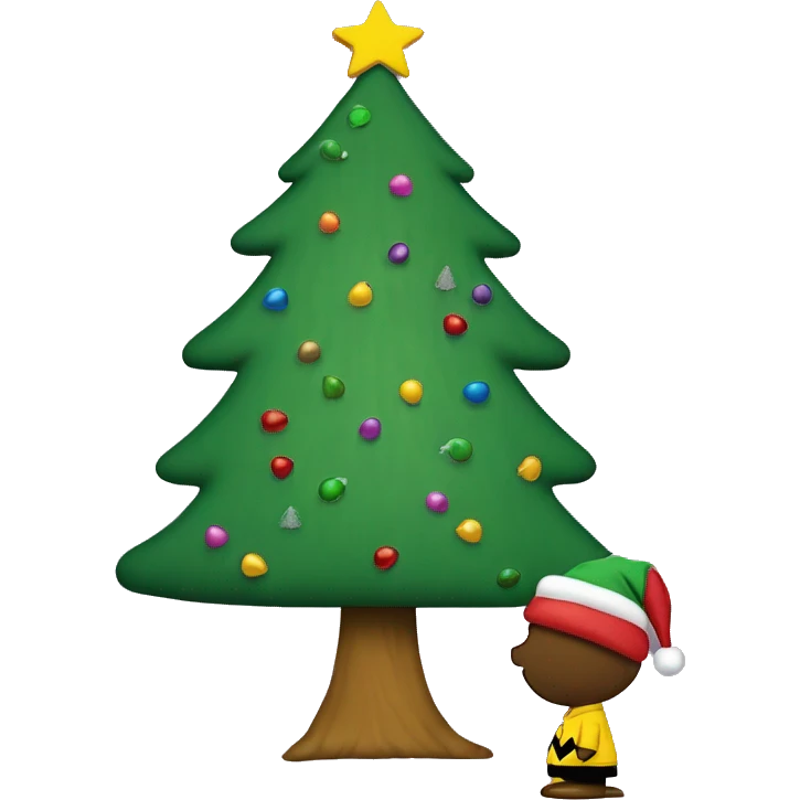 Christmas Charlie Brown giving a hang 10 by a Christmas tree emoji