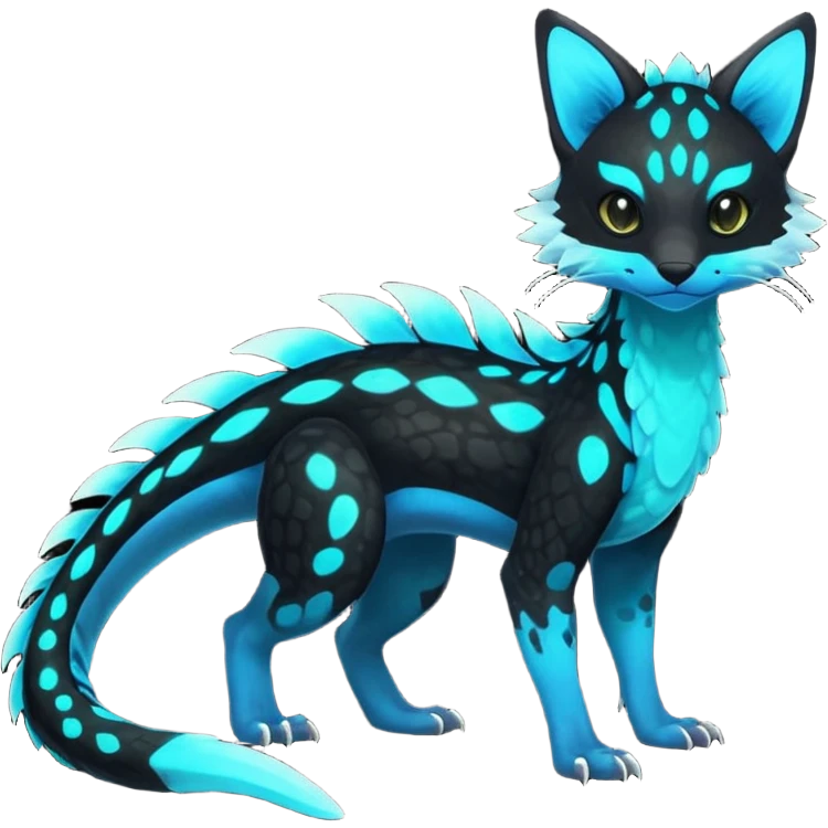 Rare realistic black-scaled neon-glowing bioluminescent edgy badass epic pretty beautiful handsome gorgeous aesthetic colorful vibrant Vernid-Trico-Amaura-species-Fakemon-creature by LiLaiRa, 4 legs, 1 tail, random markings, (full body) emoji