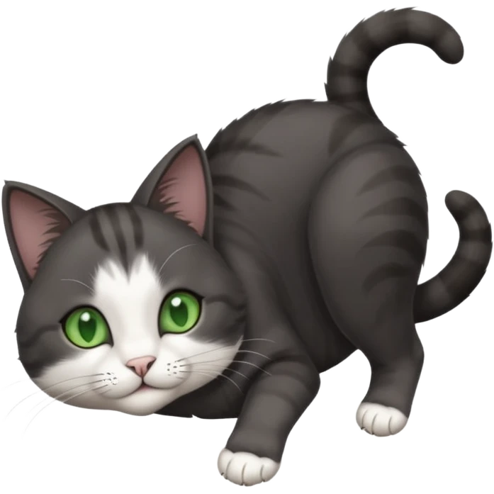 beautiful female solid dark grey cat with green eyes, white toes/paws and white patch on her chest rolling upside down emoji