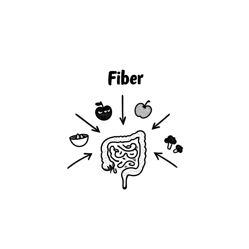 Hand-drawn doodle showing various fiber-rich foods like oats, beans, apples, berries, and broccoli with arrows pointing to a healthy intestine, with text showing 'Fiber' emoji