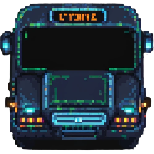 futuristic electric city bus with glowing lights, pixel art style emoji