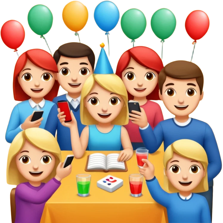 Party quiz with happy people no phone writing blocks emoji