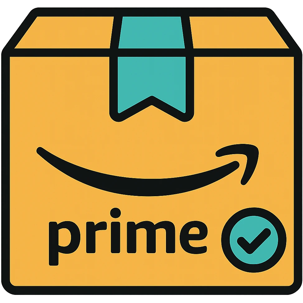 Add an Amazon Prime element such as a blue checkmark or 'Prime' swoosh to the Amazon delivery box icon. Keep the style minimal with no background. emoji