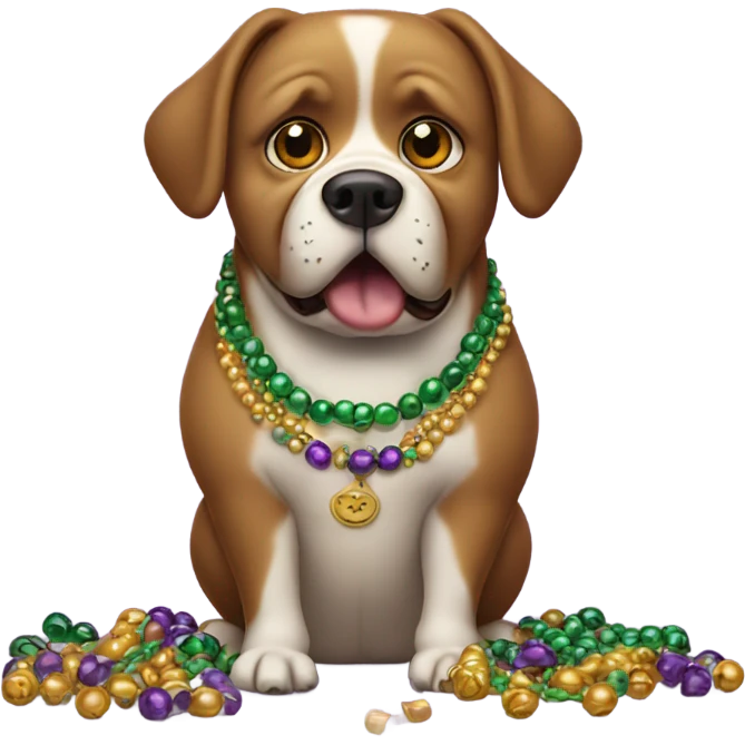 Crying fat dog with Mardi Gras beads eating chocolate emoji