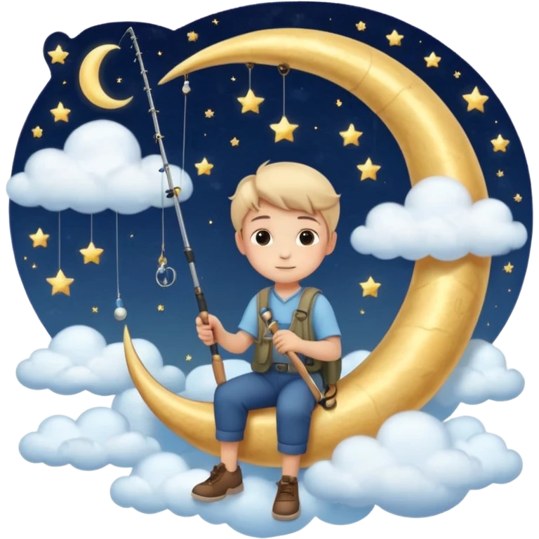 A dreamy night sky with a crescent moon. A boy sits on the moon holding a fishing rod, surrounded by soft clouds and stars. Magical and peaceful atmosphere. emoji