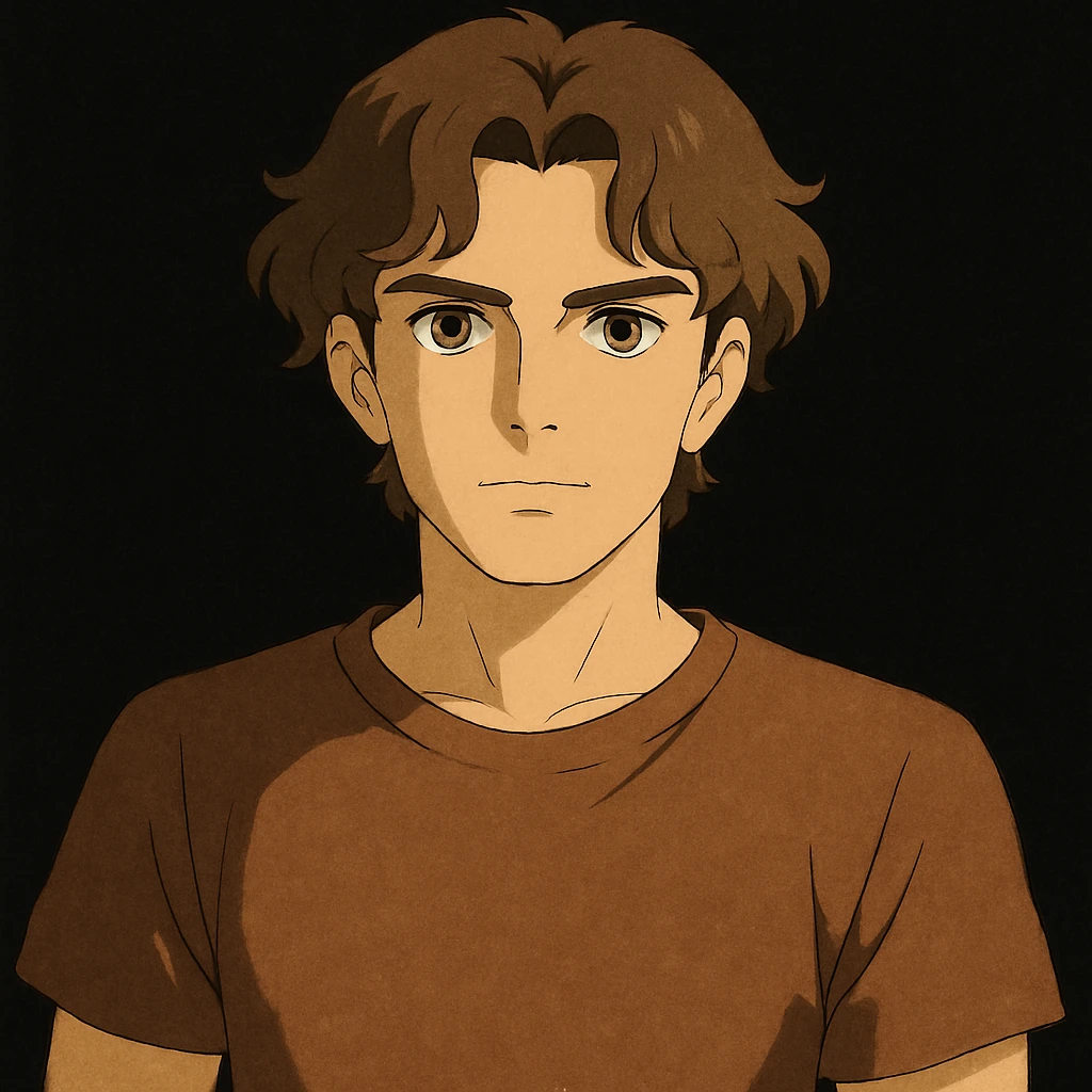 male character with wavy hair parted in the middle, brown eyes, firm straight jaw, slightly medium nose, wearing a brown t-shirt on a black background emoji