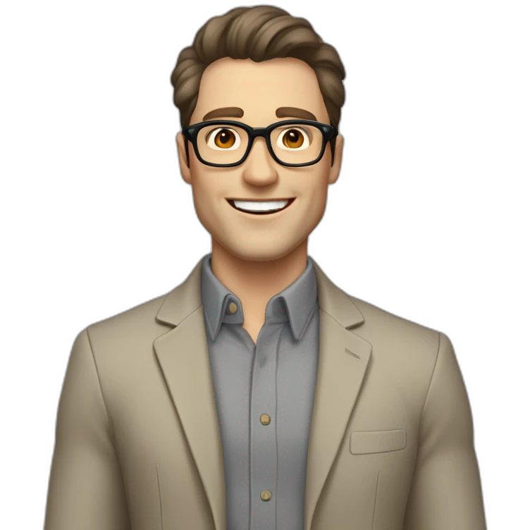 Joyful Pale skinned Fit Man With dark brown hair in gray jacket, beige office shirt, Brown pants and vintage glasses. His thrumbs up emoji