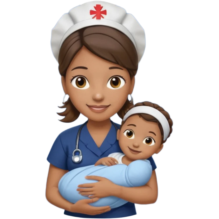 Female nurse smiling wearing no hat with her hair tied up in a roll on the top front of head with medium brown skin and brown eyes holding one new born with navy blue short sleeves emoji