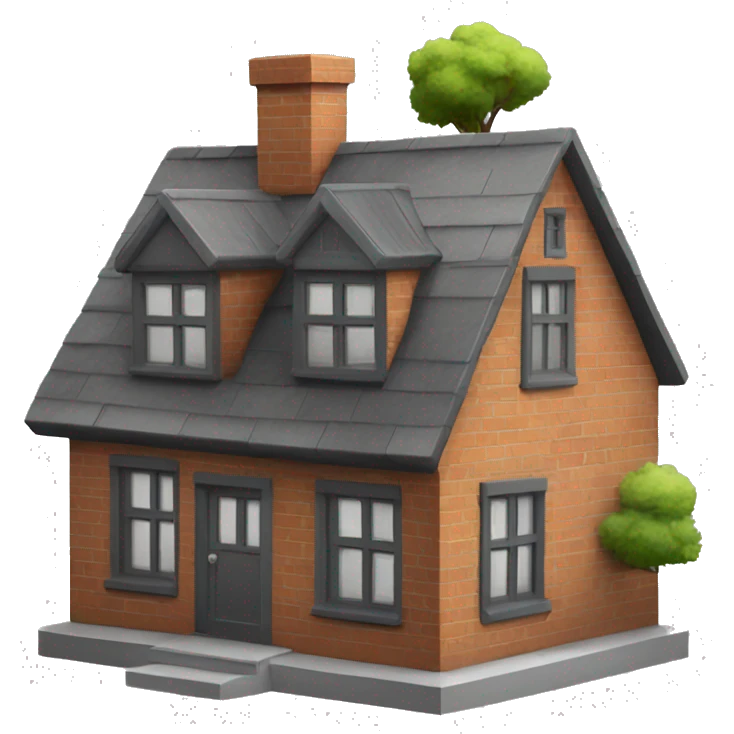 house made of bricks, with dark grey windows and roof with a tree  emoji