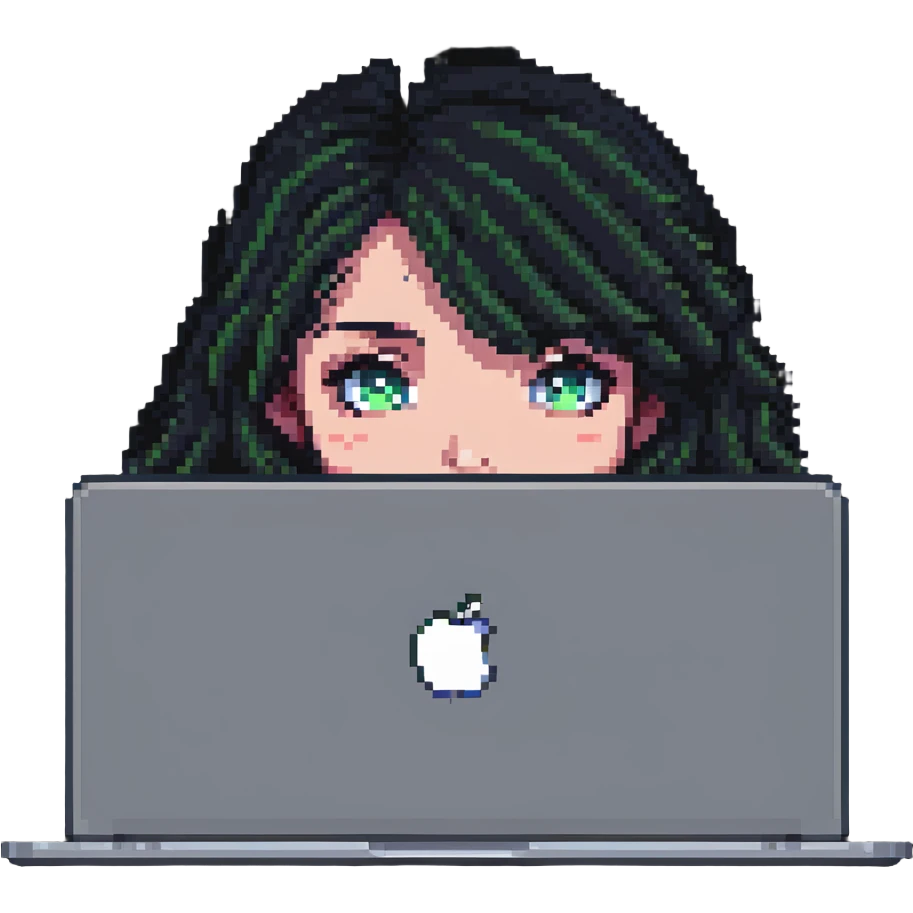 close-up of a girl's face peeking over a MacBook, pixel art style emoji