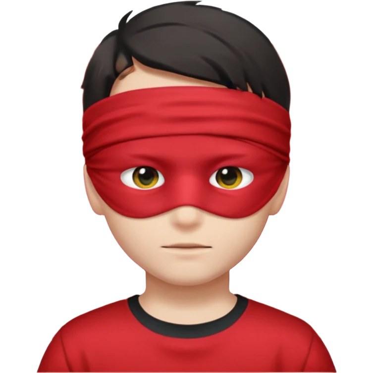 boy wearing red cloth over only eyes boy wears black t-shirt emoji