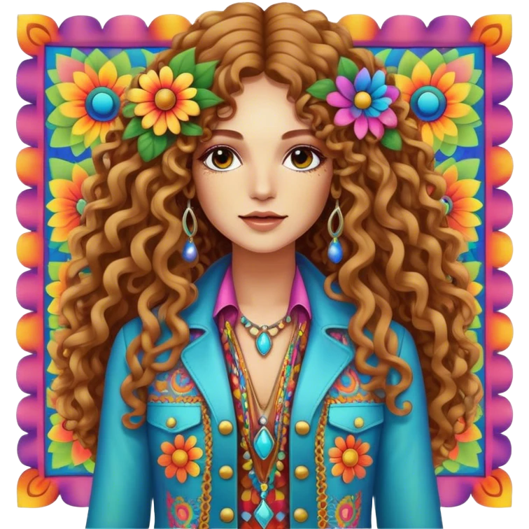 Create a 3D ultra detailed psychedelic colored square hippie style flower border with a gorgeous hippie in the center with long curly hair, bell bottoms, and a fringed jacket emoji