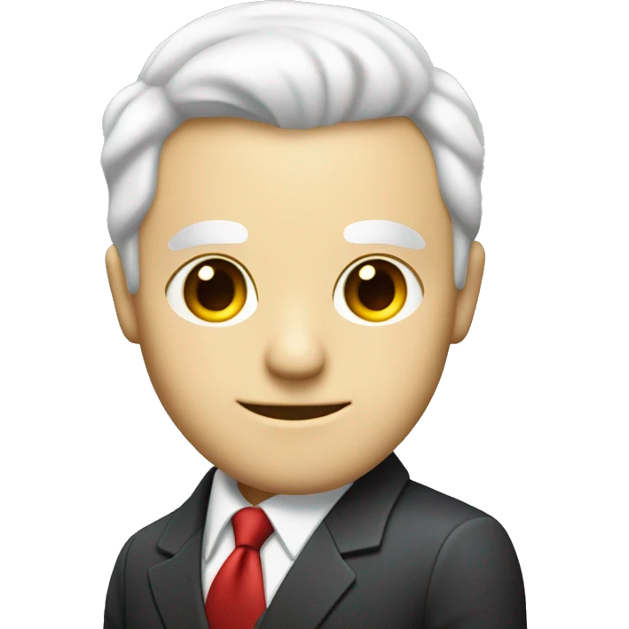 man with white hair and white eyes in a suit with a red tie and he is smirking slightly and he is evi emoji