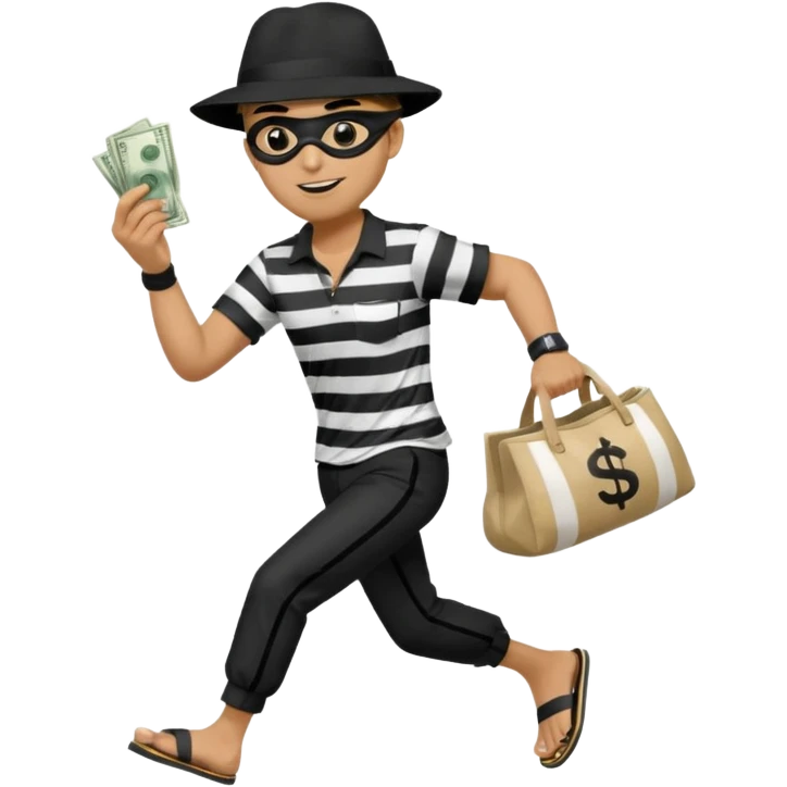 Make a man wear a black pant and he shirt is balck line and white line and wear a black hat and he holding a money bag and he running he wear a black eye thing no money in the Left hand and he yellow and the money bag in the right he wear a flip flop like this is Money bag 💰 emoji