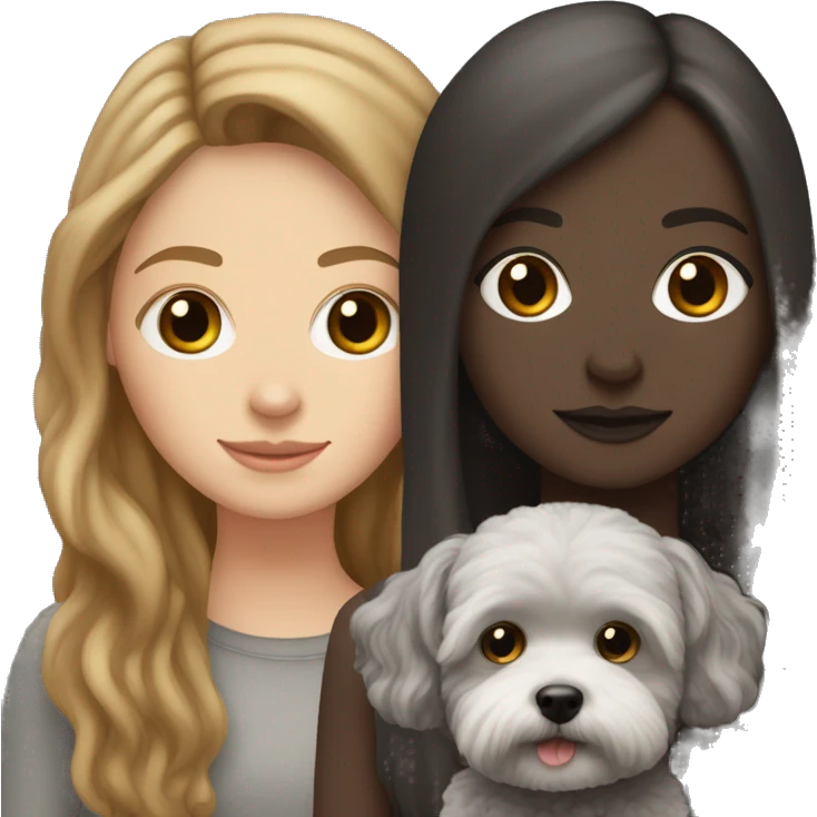 White Girl with brown long straight hair, holding a dark gray maltipoo with a white snout emoji