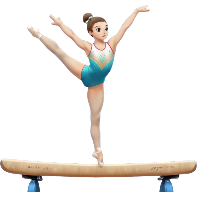 A gymnast performing a flawless routine on the balance beam, showcasing strength and grace. The scene captures the precise, elegant movement with perfect balance and form. The background features a gymnastics arena with vibrant lighting and cheering crowds, emphasizing athleticism and poise. emoji