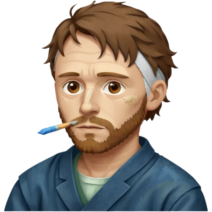 an gogh paints on a canvas. On his right ear he has a bandage emoji