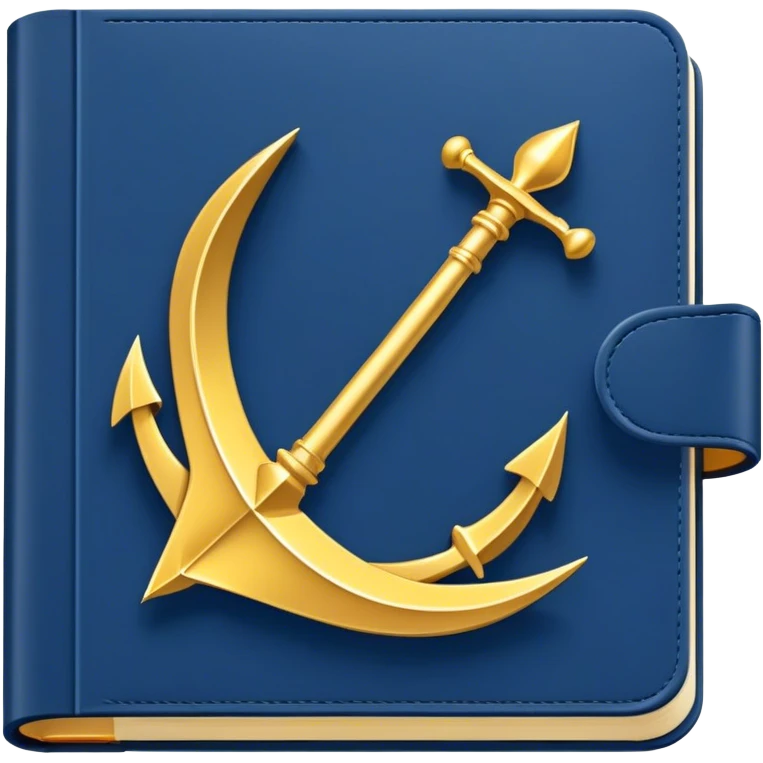 Un libro azul navy con detalles dorados, bordes metálicos y un engranaje dorado con una flecha ascendente en la portada, irradiando productividad, estrategia y éxito en movimiento emoji