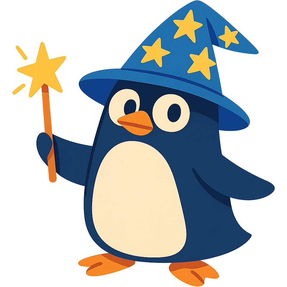 penguin wizard with a starry hat and magic wand, whimsical cartoon style emoji