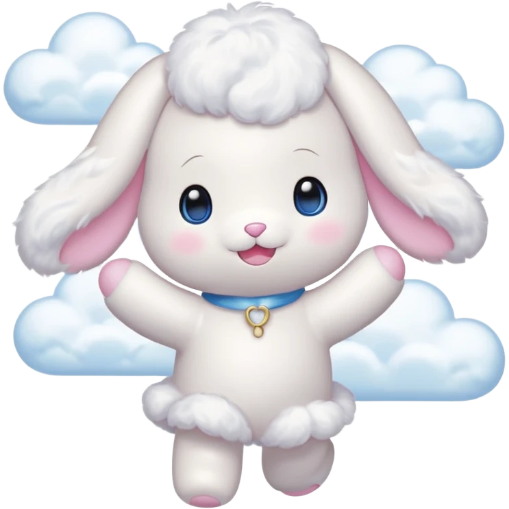 Cinnamon roll from sanrio dancing in the clouds that looks just like him from the cartoon blue eyes pink cheeks white body and filled with cuteness emoji