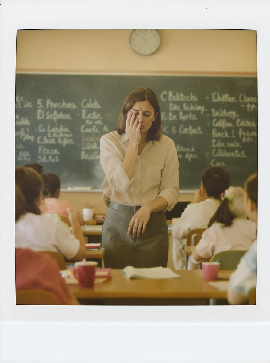 exhausted teacher in a bustling classroom emoji