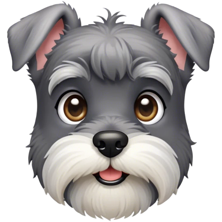 Cinematic Cute Miniature Schnauzer Portrait Emoji, Head cheerfully cocked with expressive, twinkling eyes and a neatly trimmed, adorable salt-and-pepper fur, simplified yet endearingly detailed, glowing with a bright, friendly radiance, high shine, exuding smart and spunky charm, styled with a delicate, whimsical outline, capturing the essence of a cute Miniature Schnauzer that appears ready to scamper off the screen with delightful energy! emoji
