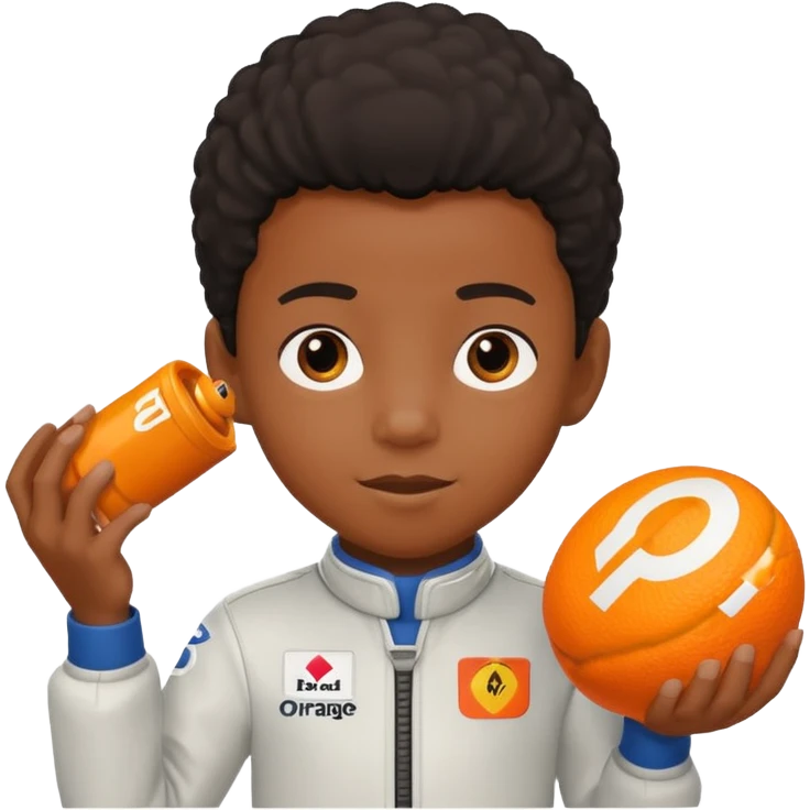 black kid playing orange formula 1 toy emoji