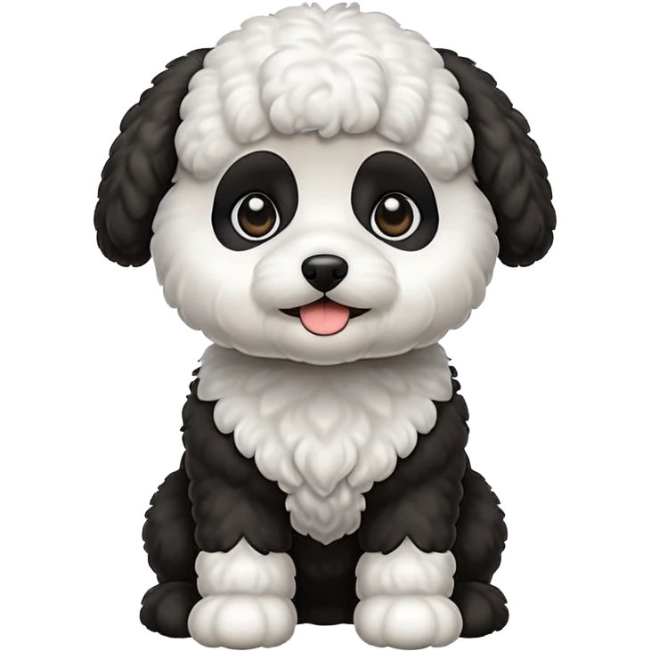 Petit chien style emoji (bichon frisé), poil bouclé noir/gris, ventre et bout des pattes blancs, yeux marron foncé brillants, assis avec la langue sortie, expression adorable. emoji