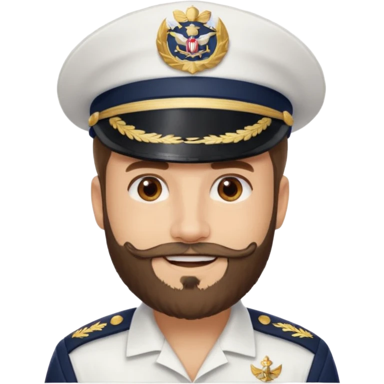 A light-skinned man with brown eyes and a beard, smiling while wearing a white captain’s hat with a navy emblem. emoji