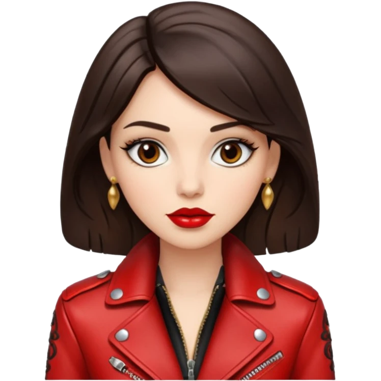 brunette with long hair in cuir jacket with red lips and black brown eyes emoji