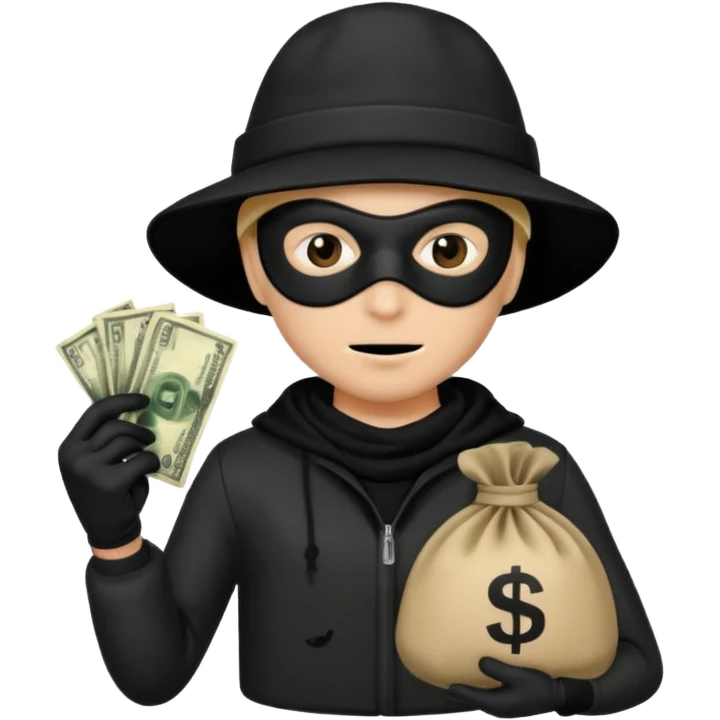 A emoji of a person wearing a robber outfit and a black hat and a black mask and a Money Bag emoji
