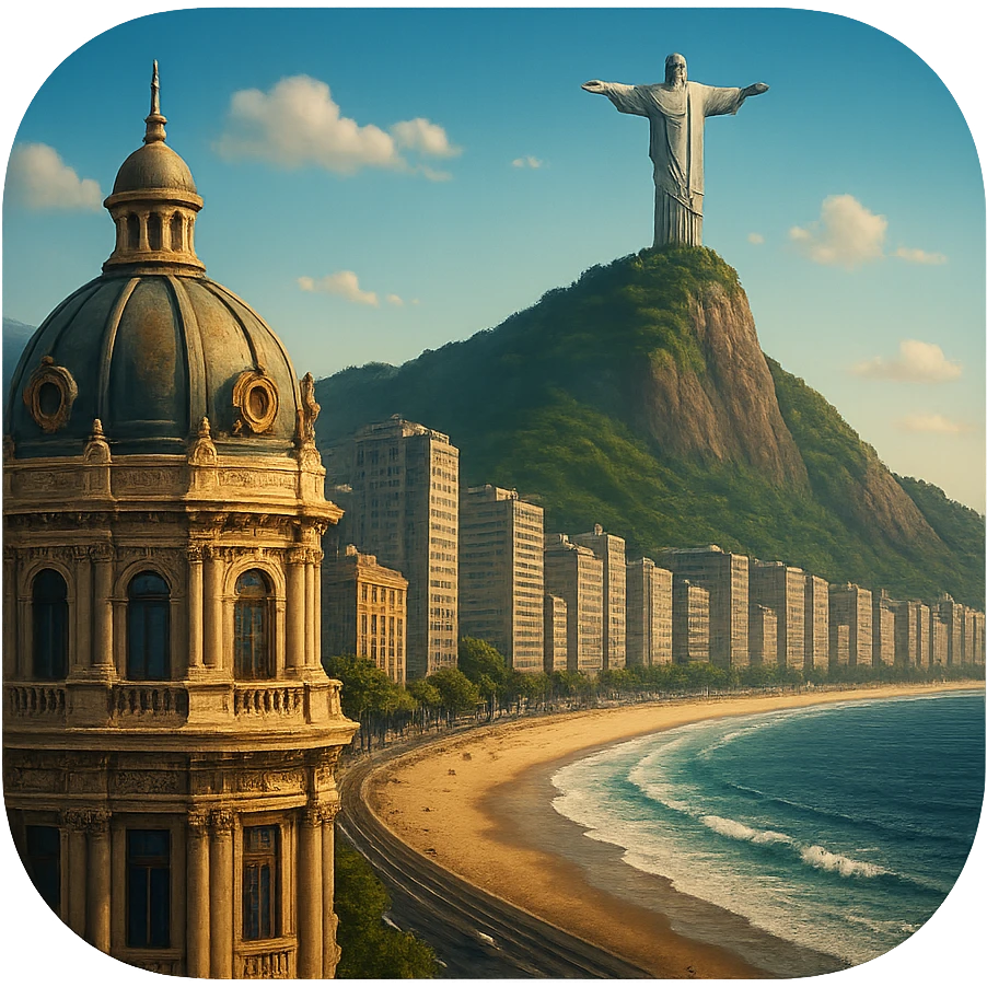 cinematic realistic emoji of Rio de Janeiro featuring majestic ornate architecture with lifelike detail and bright lighting, showing the majestic vista of the skyscraper-lined beach up to the mountain with the landmark Christ the Redeemer statue on top, using accurate colors emoji