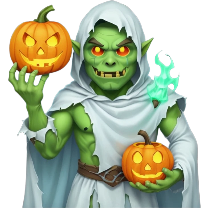male orc warrior ghost emoji, green skin, wearing torn white ghost sheet costume, holding glowing jack-o'-lantern, faint blue aura, friendly but spooky expression, Halloween fantasy theme, Apple emoji style, clean white background, square emoji