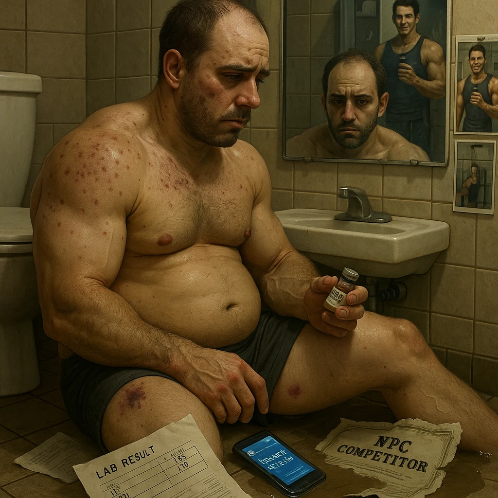 A 35-year-old bodybuilder sits shirtless on a bathroom floor, clutching an empty vial labeled "Test E 250mg". His physique shows the paradox of PED abuse: bloated stomach (high estrogen), but zero exceptional muscle gains.  

Hyper-detailed elements:  
- **Needle marks** (track lines) on glutes with fresh bruising  
- **Acne clusters** on shoulders (CYP-induced)  
- **Lab papers** showing crashed LH/FSH (HPTA suppression)  
- **Phone screen** glowing with forum posts: "No risultati in 8 weeks"  

The mirror reflects his exhausted face (dark circles, receding hairline) contrasting with gym selfies on the wall showing his younger natural self. A torn "NPC Competitor" certificate floats in dirty water.  emoji