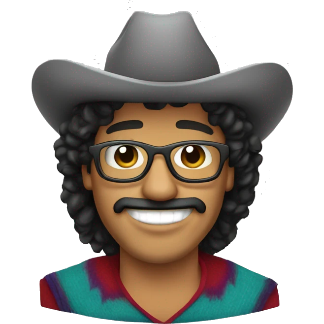 A heavier mexican man, with a curly black mullet, with a smile that shows his teeth grills wearing a cowboy hat and circular glasses and a poncho emoji