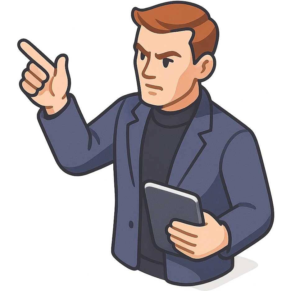 Bold and charismatic male leader, Caucasian, short auburn hair, sharp eyes, wearing indigo coat over black turtleneck, one arm raised giving direction, holding a tablet, waist-up emoji